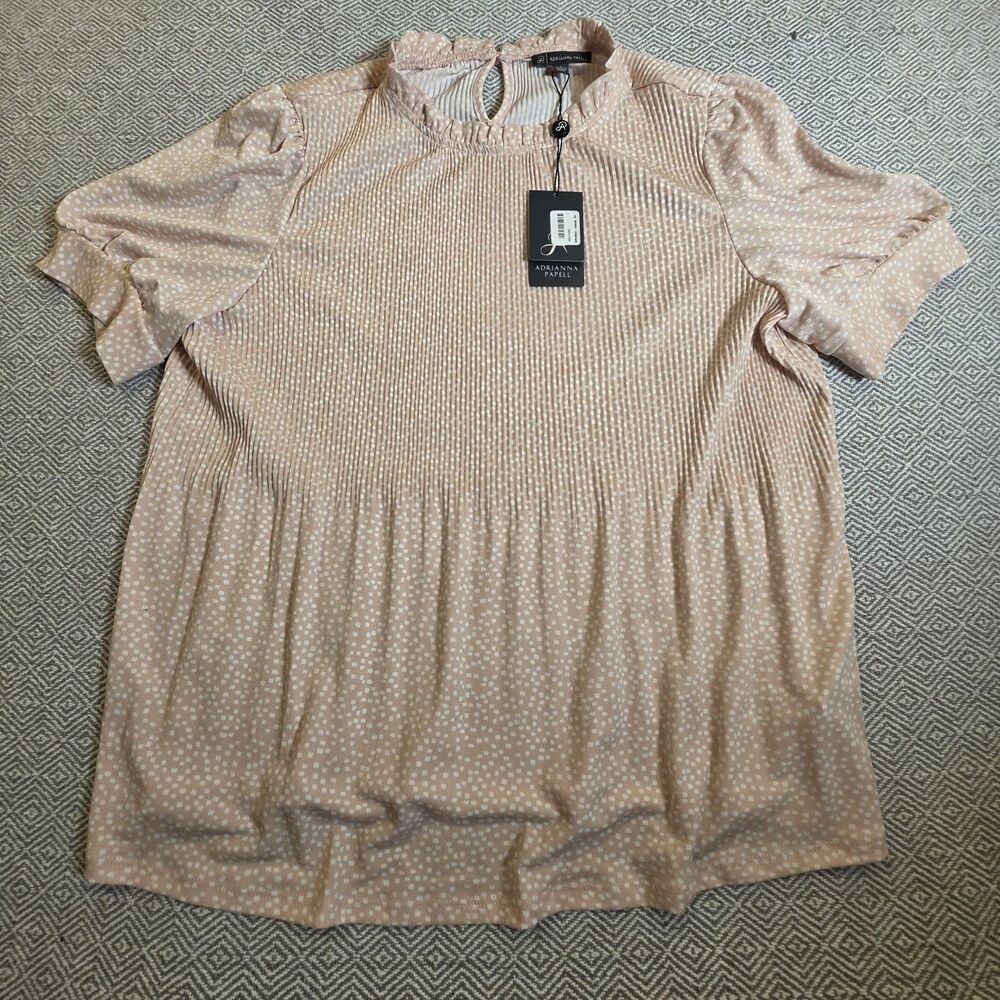 Adrianna Papell Ruffle Neck Pleated Top Blush Pink Polka Dot Size L